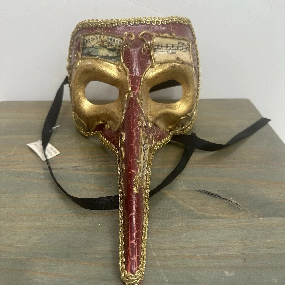 Red Gold Venetian Mardi Gras Nose Mask MASQUERADE CARNIVAL PARTY Music Notes